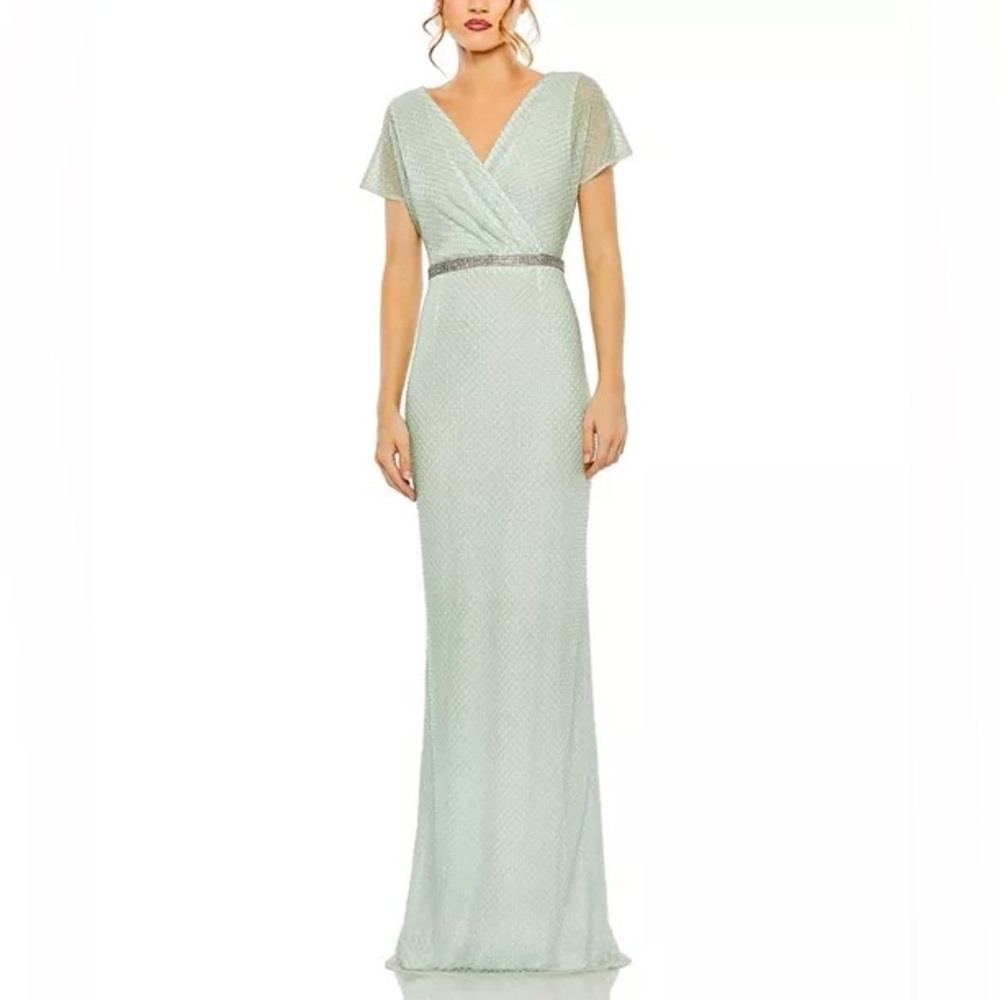 Mac Duggal 93994 sage green evening beaded gown
